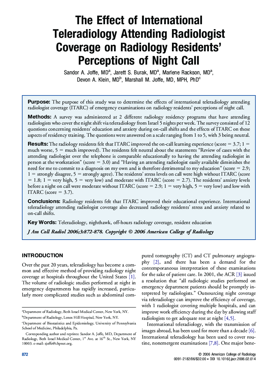 The Effect of International Teleradiology Attending Radiologist Coverage on Radiology Residents' Perceptions of Night Call