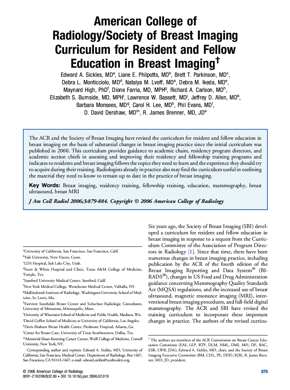 American College of Radiology/Society of Breast Imaging Curriculum for Resident and Fellow Education in Breast Imagingâ 
