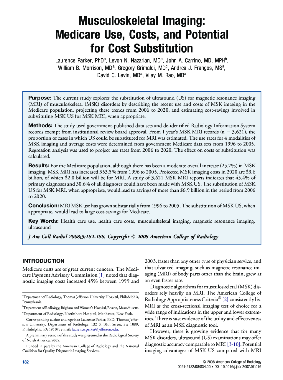 Musculoskeletal Imaging: Medicare Use, Costs, and Potential for Cost Substitution