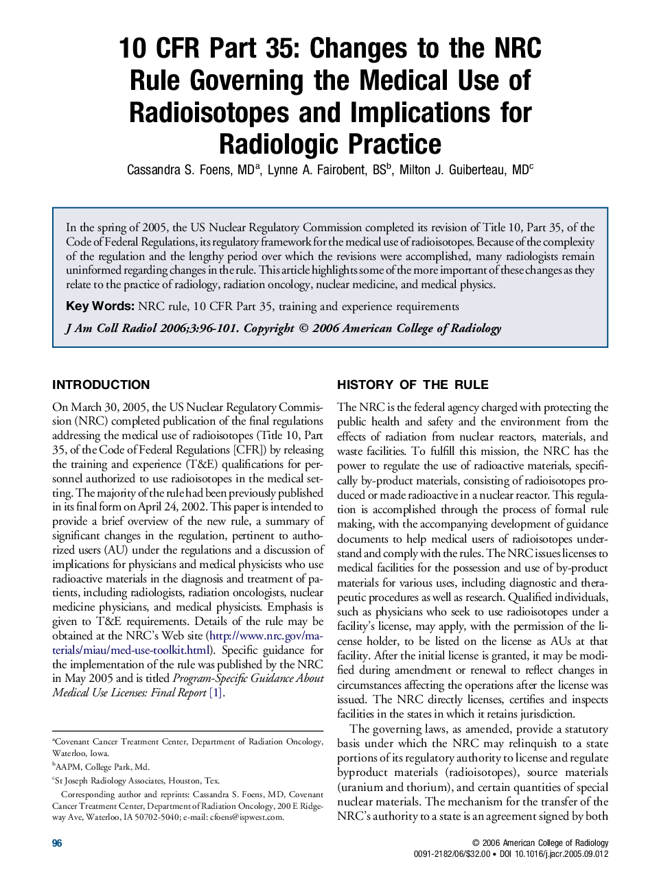 10 CFR Part 35: Changes to the NRC Rule Governing the Medical Use of Radioisotopes and Implications for Radiologic Practice