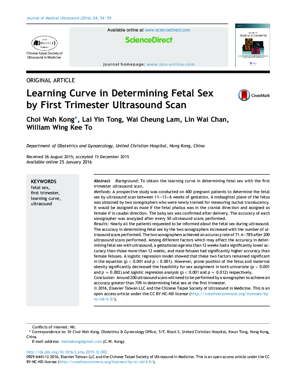 Learning Curve in Determining Fetal Sex by First Trimester Ultrasound Scan 