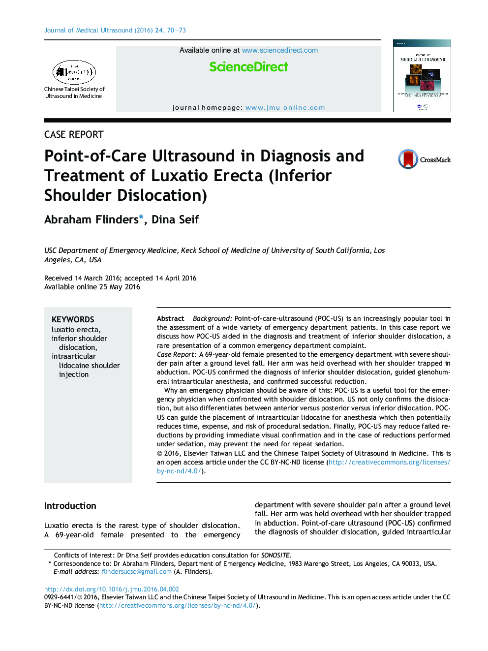 Point-of-Care Ultrasound in Diagnosis and Treatment of Luxatio Erecta (Inferior Shoulder Dislocation) 