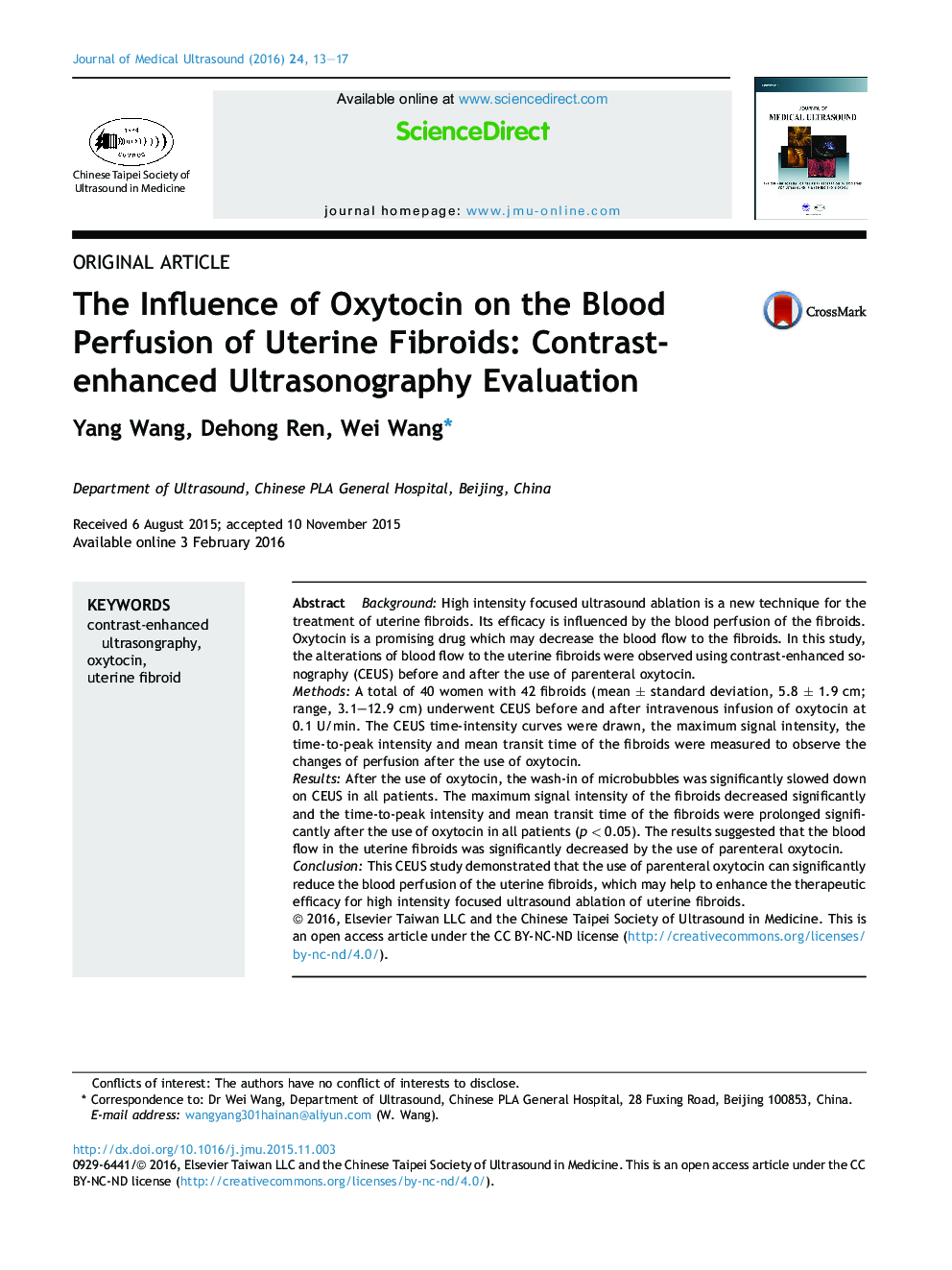 The Influence of Oxytocin on the Blood Perfusion of Uterine Fibroids: Contrast-enhanced Ultrasonography Evaluation 