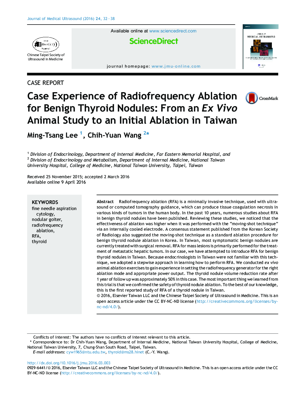 Case Experience of Radiofrequency Ablation for Benign Thyroid Nodules: From an Ex Vivo Animal Study to an Initial Ablation in Taiwan 