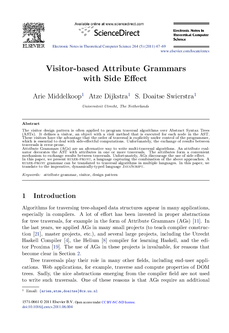 Visitor-based Attribute Grammars with Side Effect