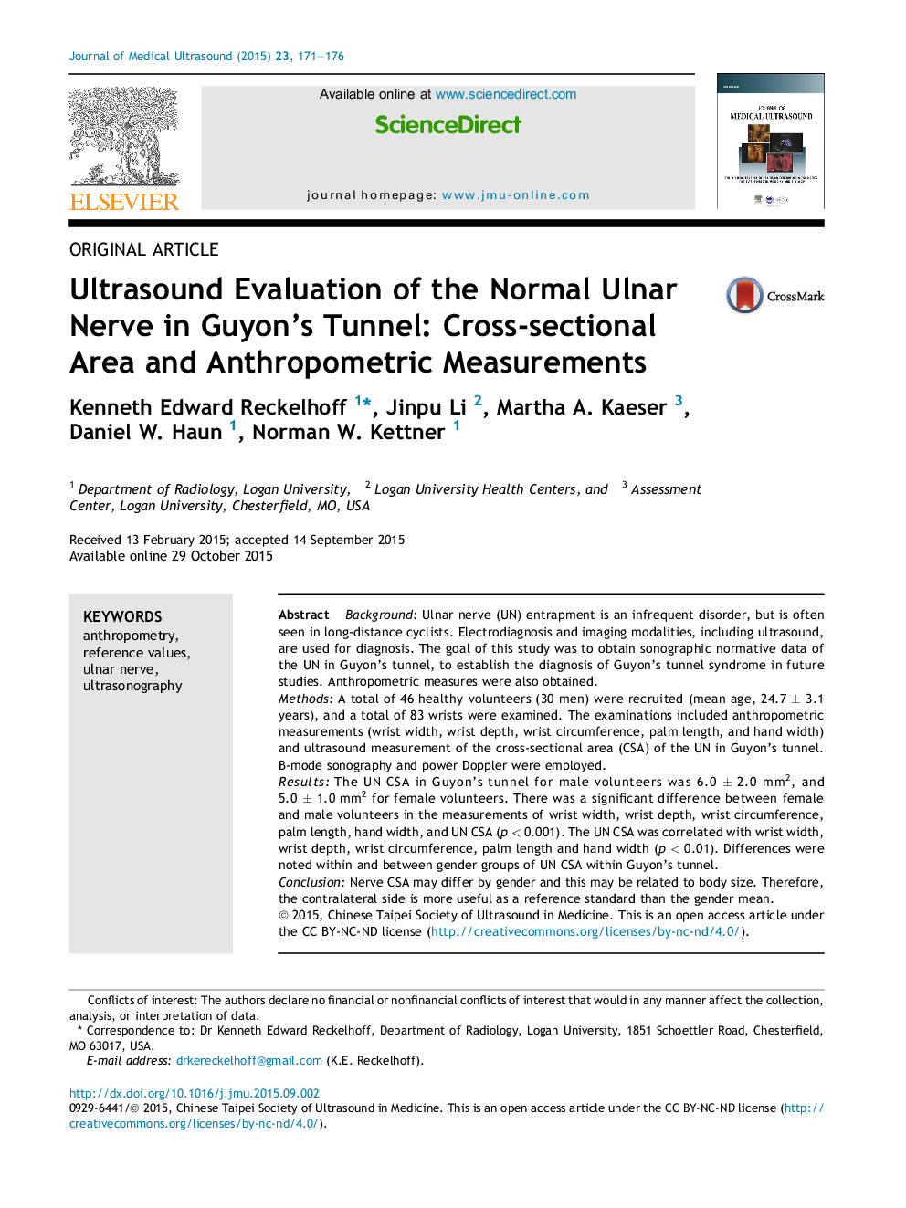 Ultrasound Evaluation of the Normal Ulnar Nerve in Guyon's Tunnel: Cross-sectional Area and Anthropometric Measurements 