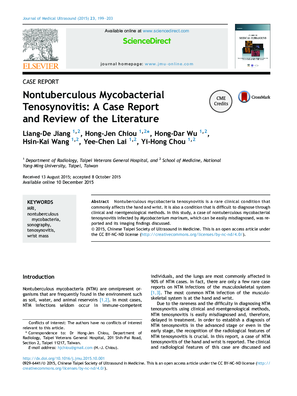 Nontuberculous Mycobacterial Tenosynovitis: A Case Report and Review of the Literature 