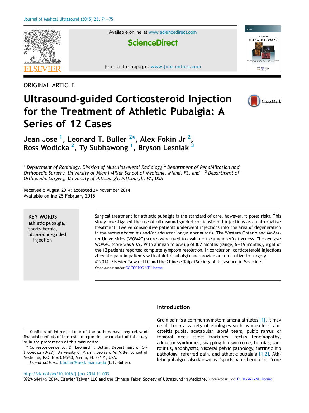 Ultrasound-guided Corticosteroid Injection for the Treatment of Athletic Pubalgia: A Series of 12 Cases 