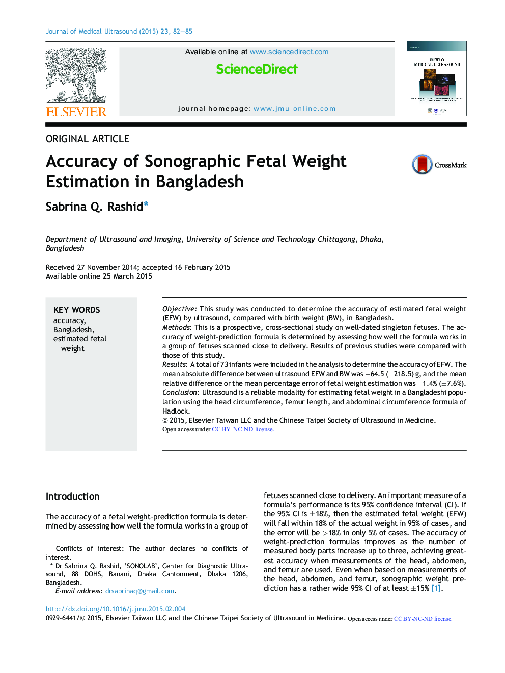 Accuracy of Sonographic Fetal Weight Estimation in Bangladesh 