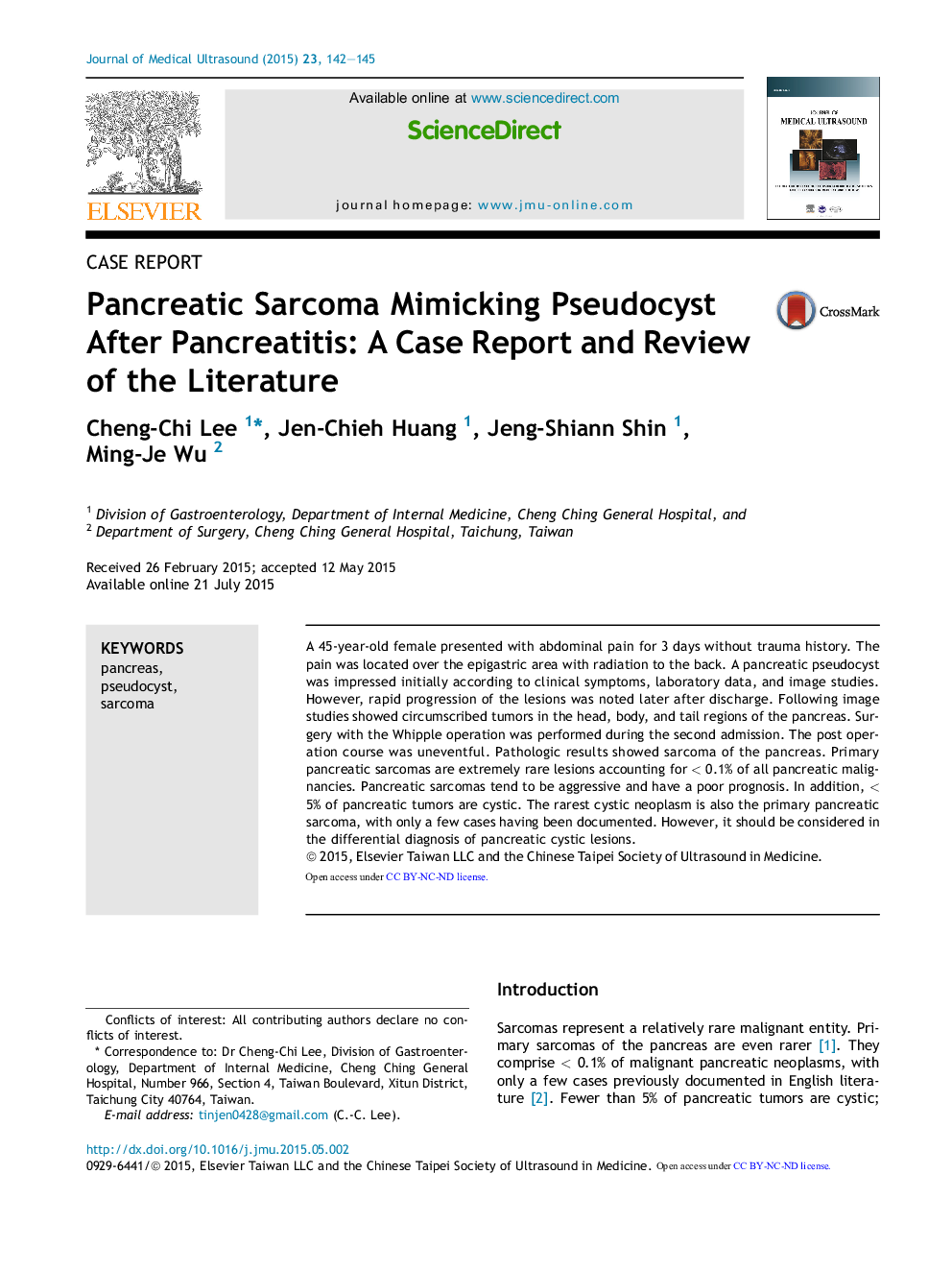 Pancreatic Sarcoma Mimicking Pseudocyst After Pancreatitis: A Case Report and Review of the Literature 