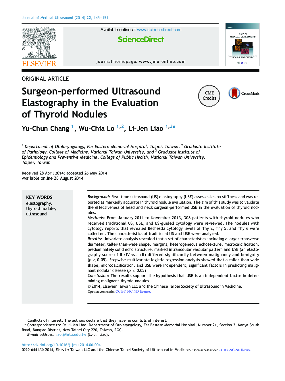 Surgeon-performed Ultrasound Elastography in the Evaluation of Thyroid Nodules 