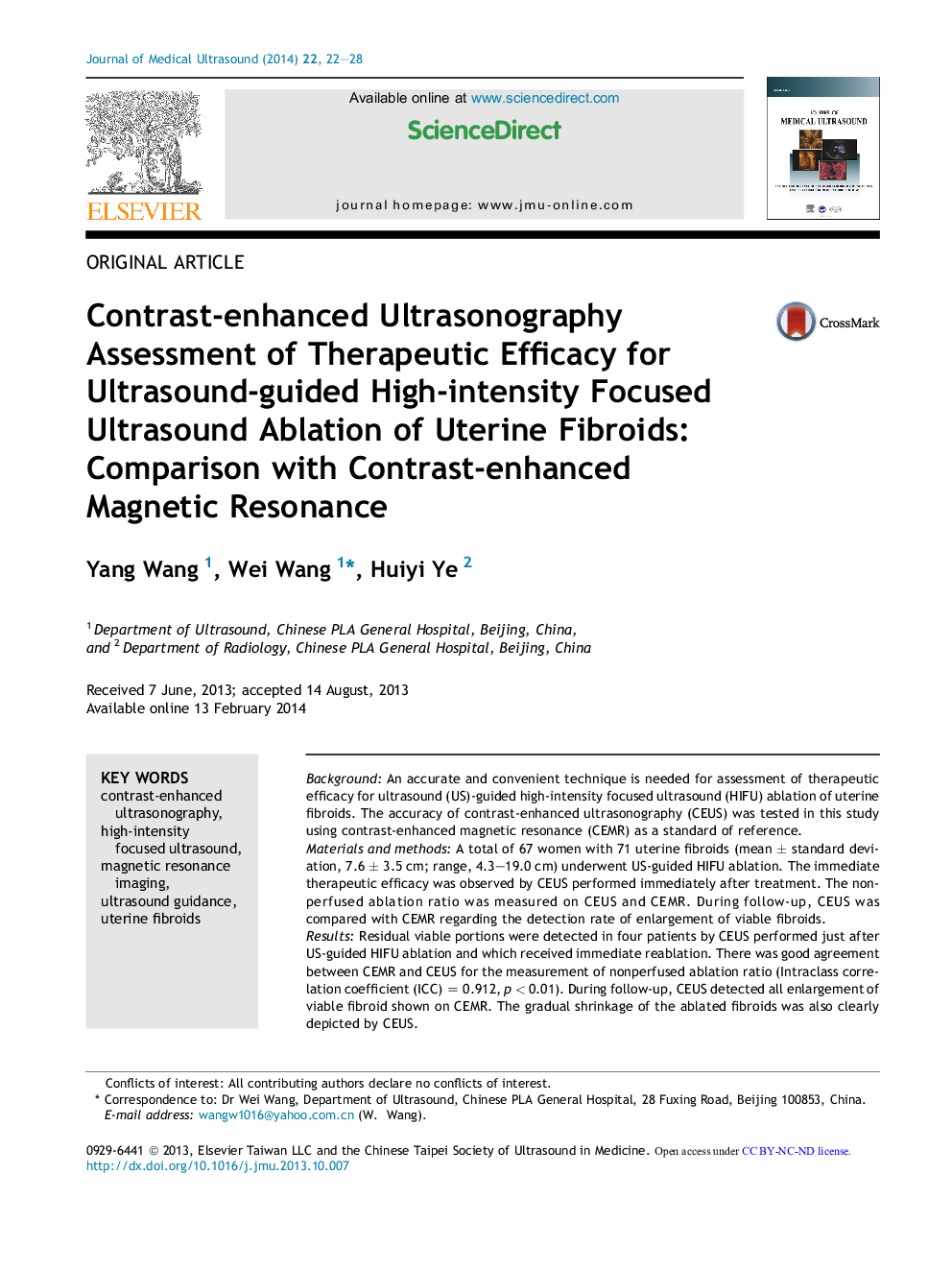 Contrast-enhanced Ultrasonography Assessment of Therapeutic Efficacy for Ultrasound-guided High-intensity Focused Ultrasound Ablation of Uterine Fibroids: Comparison with Contrast-enhanced Magnetic Resonance 