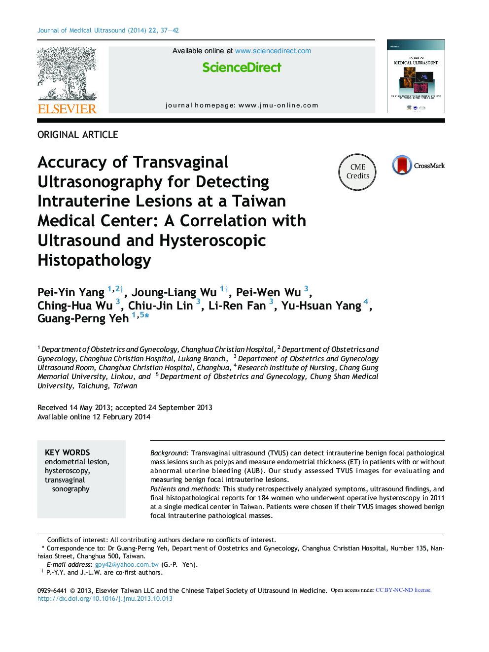 Accuracy of Transvaginal Ultrasonography for Detecting Intrauterine Lesions at a Taiwan Medical Center: A Correlation with Ultrasound and Hysteroscopic Histopathology 