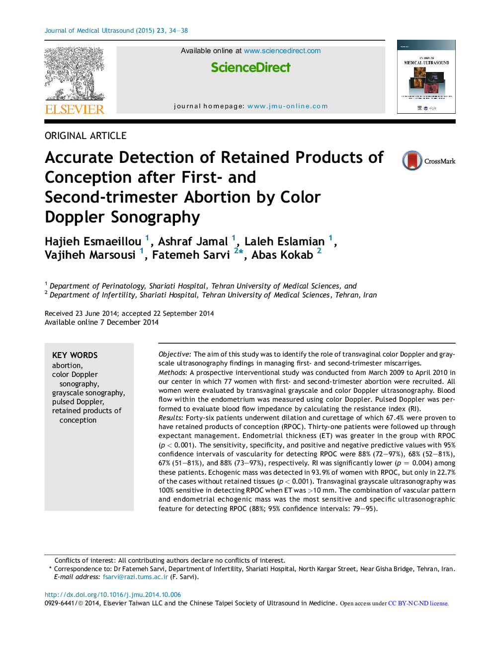 Accurate Detection of Retained Products of Conception after First- and Second-trimester Abortion by Color Doppler Sonography 