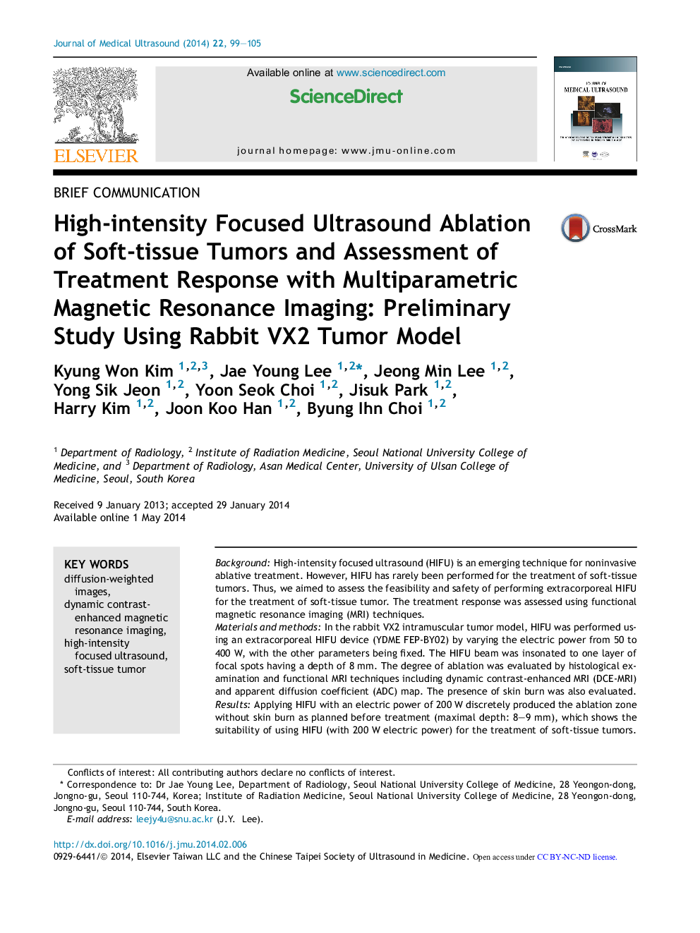 High-intensity Focused Ultrasound Ablation of Soft-tissue Tumors and Assessment of Treatment Response with Multiparametric Magnetic Resonance Imaging: Preliminary Study Using Rabbit VX2 Tumor Model 