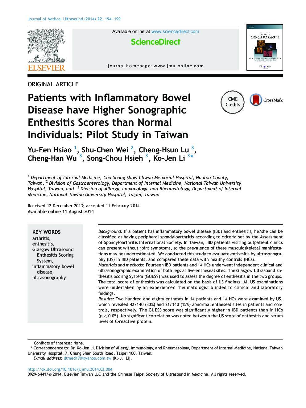 Patients with Inflammatory Bowel Disease have Higher Sonographic Enthesitis Scores than Normal Individuals: Pilot Study in Taiwan 