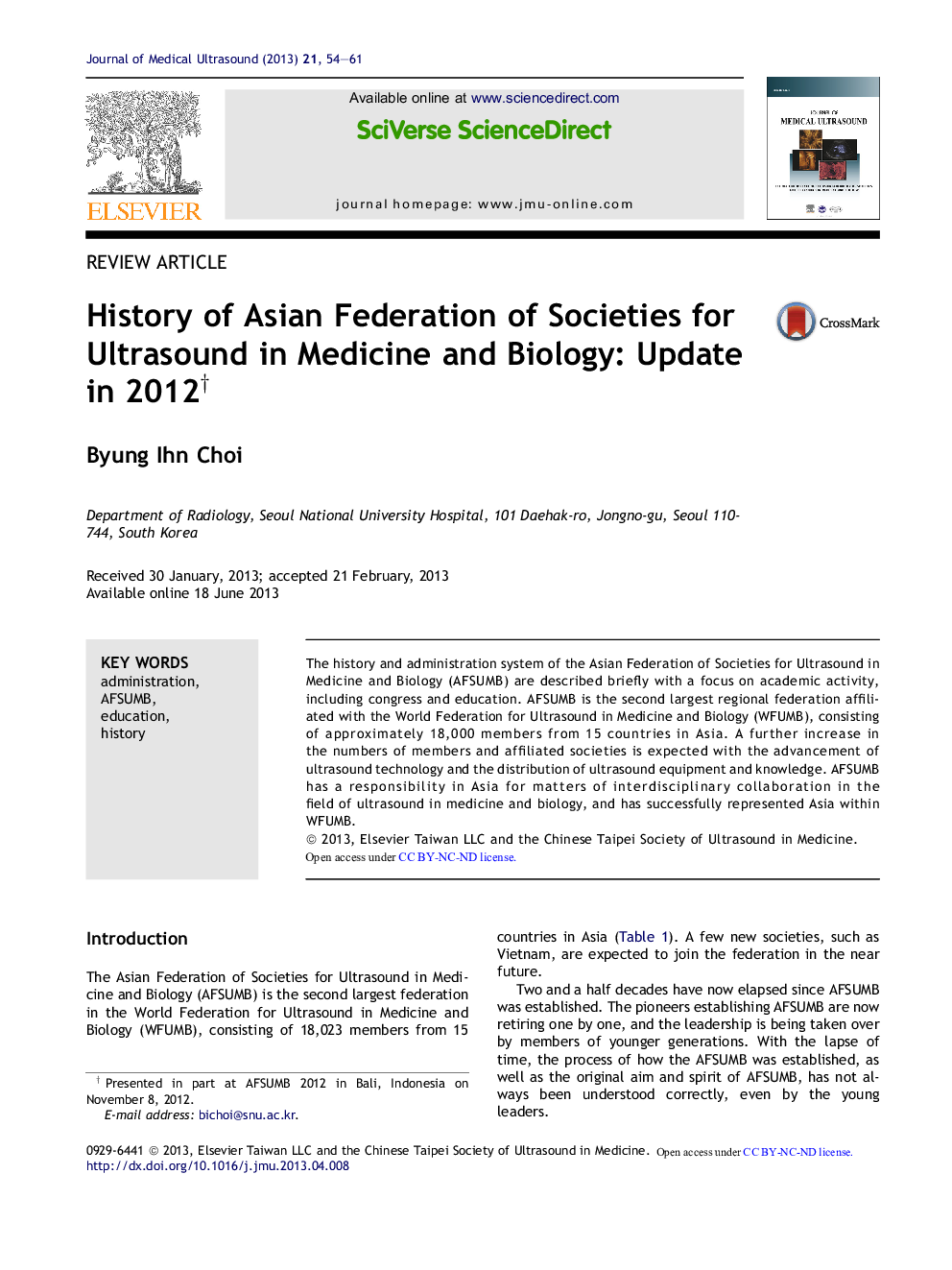 History of Asian Federation of Societies for Ultrasound in Medicine and Biology: Update in 2012 †