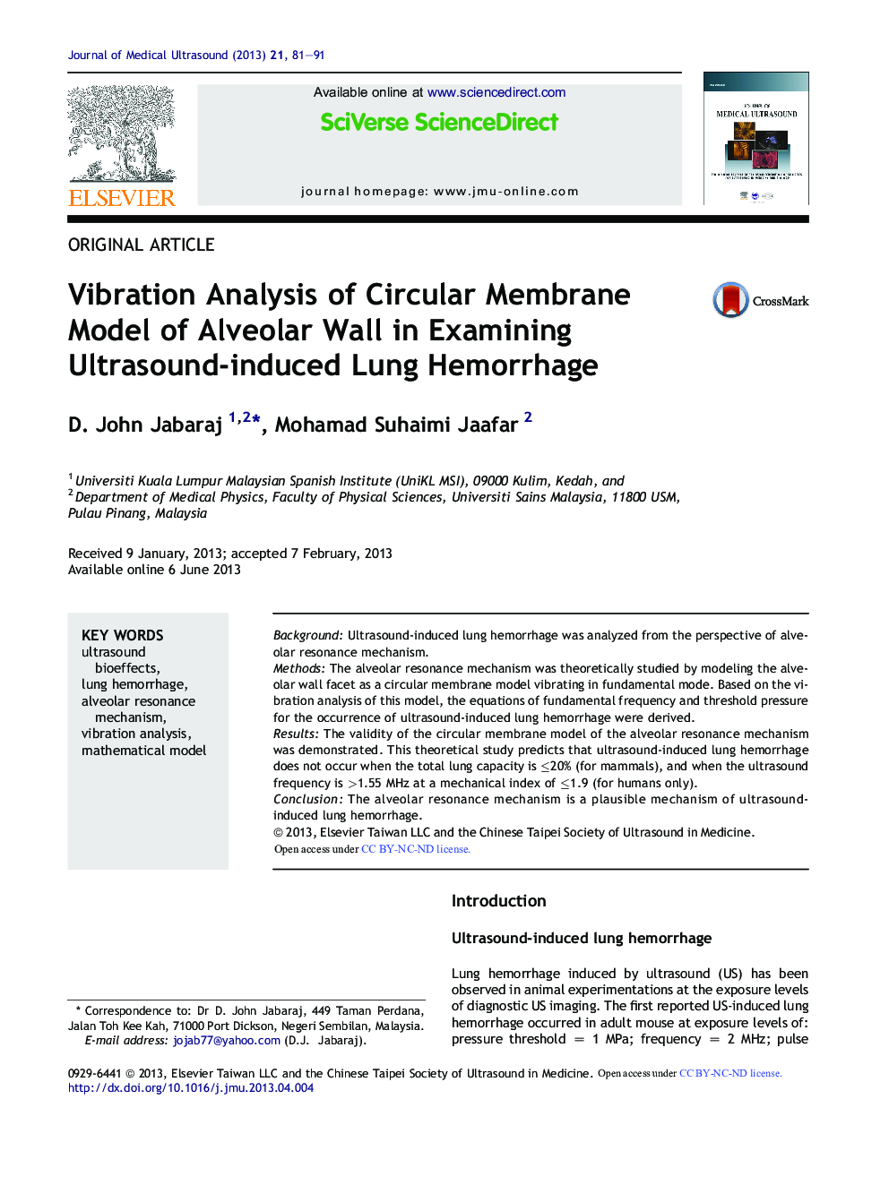 Vibration Analysis of Circular Membrane Model of Alveolar Wall in Examining Ultrasound-induced Lung Hemorrhage