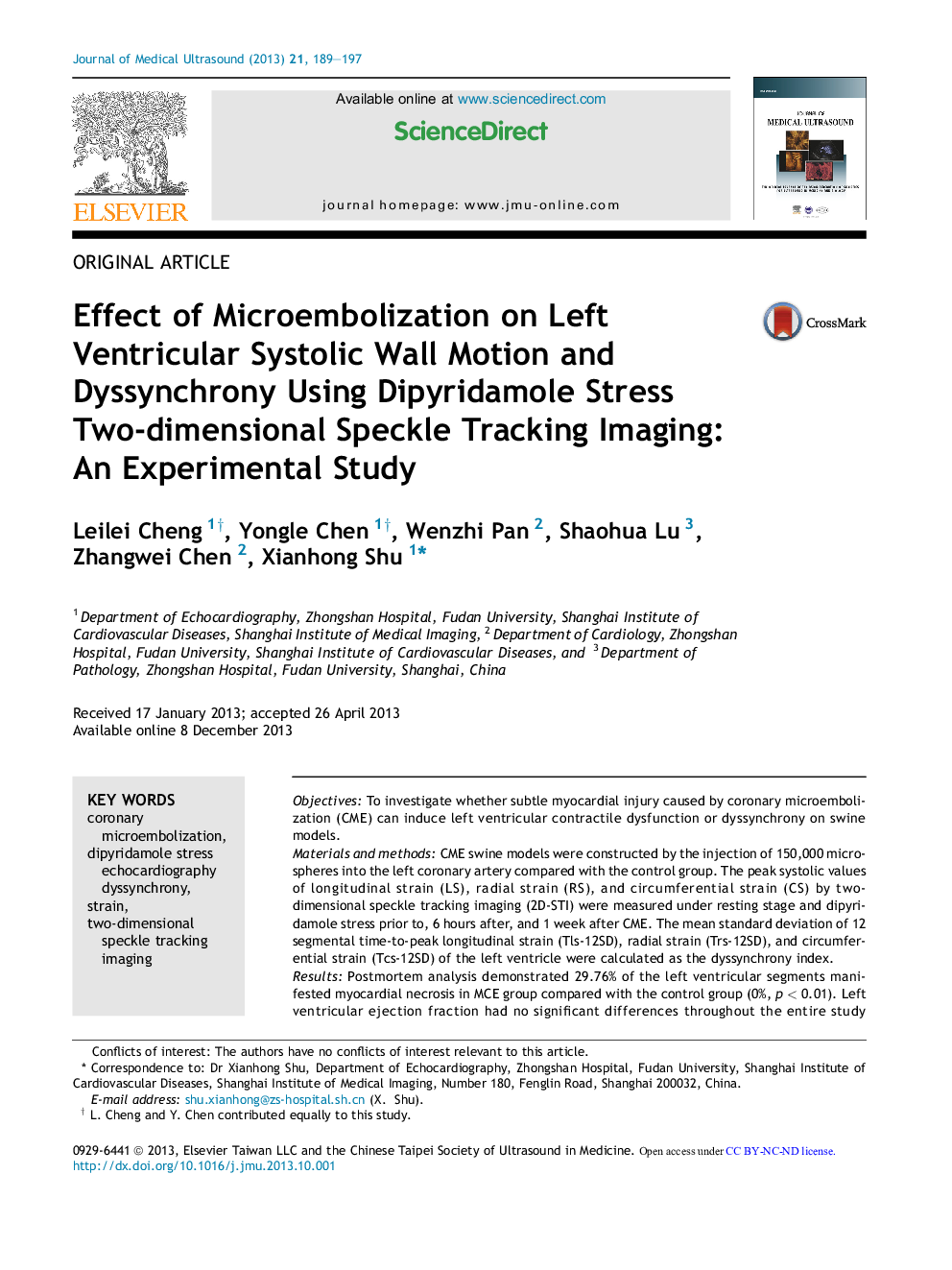 Effect of Microembolization on Left Ventricular Systolic Wall Motion and Dyssynchrony Using Dipyridamole Stress Two-dimensional Speckle Tracking Imaging: An Experimental Study 