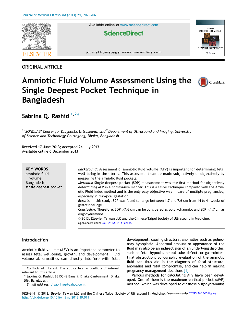 Amniotic Fluid Volume Assessment Using the Single Deepest Pocket Technique in Bangladesh 