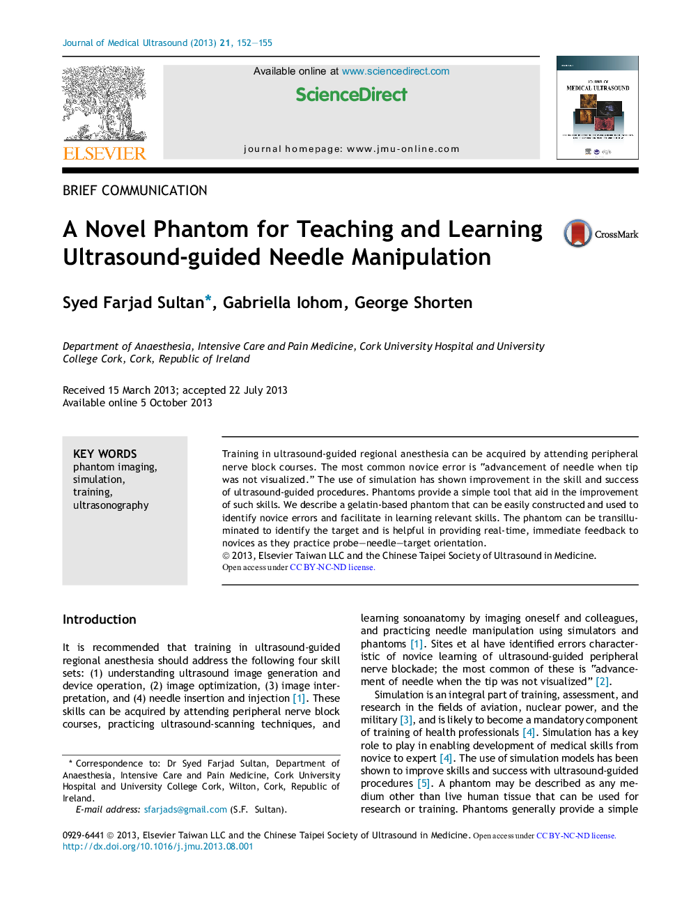 A Novel Phantom for Teaching and Learning Ultrasound-guided Needle Manipulation