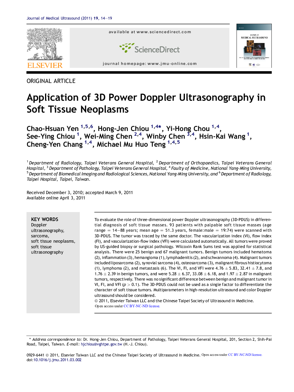 Application of 3D Power Doppler Ultrasonography in Soft Tissue Neoplasms