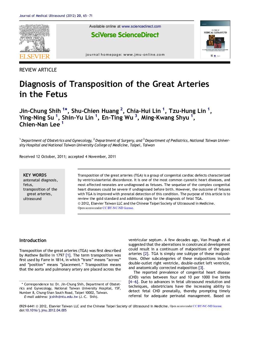 Diagnosis of Transposition of the Great Arteries in the Fetus