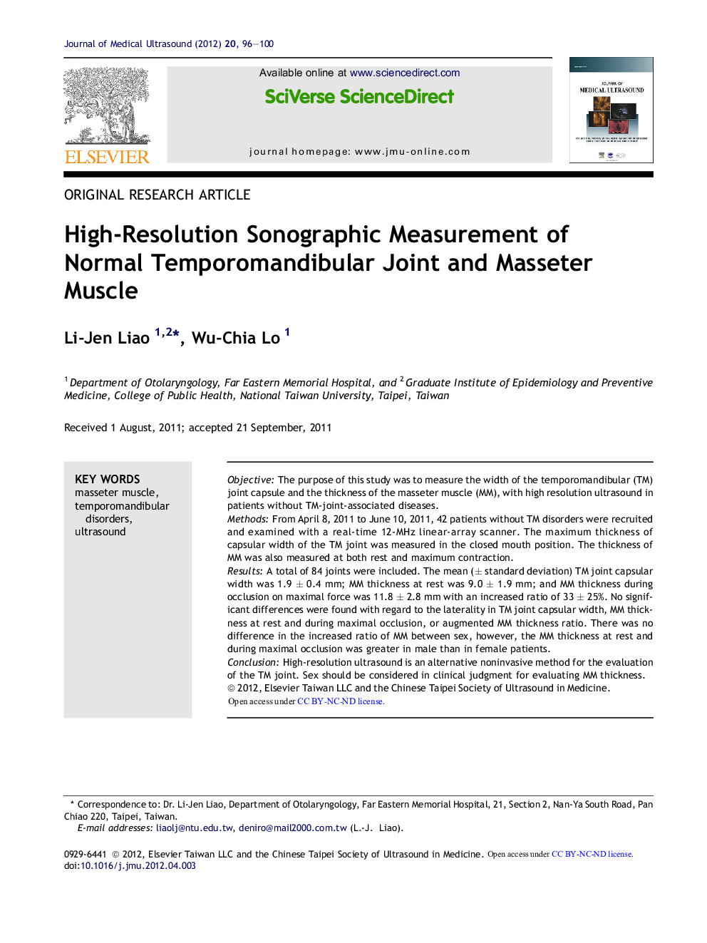 High-Resolution Sonographic Measurement of Normal Temporomandibular Joint and Masseter Muscle