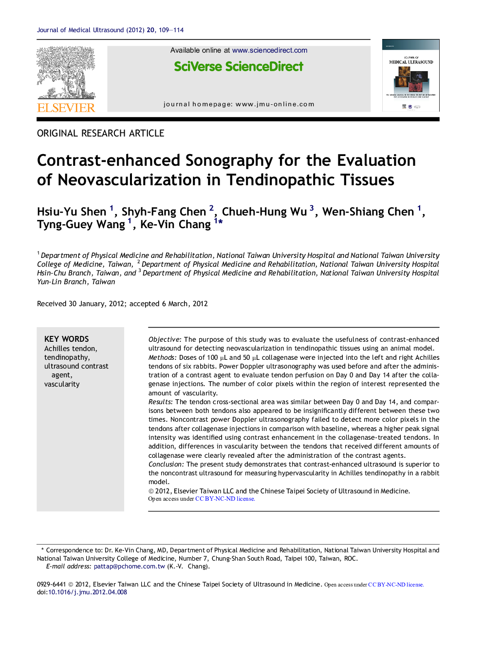 Contrast-enhanced Sonography for the Evaluation of Neovascularization in Tendinopathic Tissues