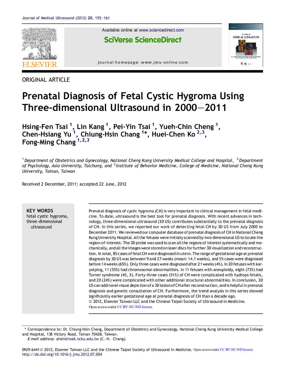 Prenatal Diagnosis of Fetal Cystic Hygroma Using Three-dimensional Ultrasound in 2000–2011