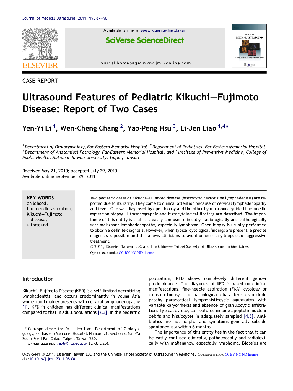 Ultrasound Features of Pediatric Kikuchi–Fujimoto Disease: Report of Two Cases