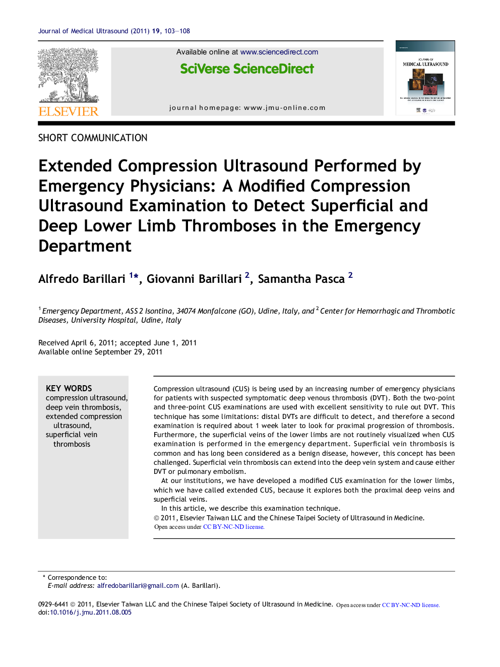 Extended Compression Ultrasound Performed by Emergency Physicians: A Modified Compression Ultrasound Examination to Detect Superficial and Deep Lower Limb Thromboses in the Emergency Department