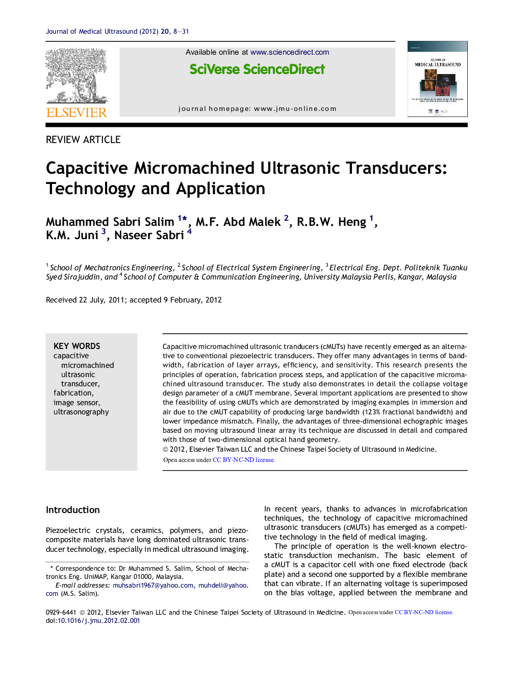 Capacitive Micromachined Ultrasonic Transducers: Technology and Application