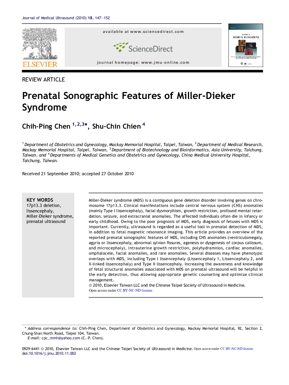 Prenatal Sonographic Features of Miller-Dieker Syndrome