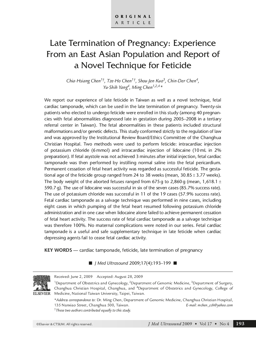 Late Termination of Pregnancy: Experience From an East Asian Population and Report of a Novel Technique for Feticide