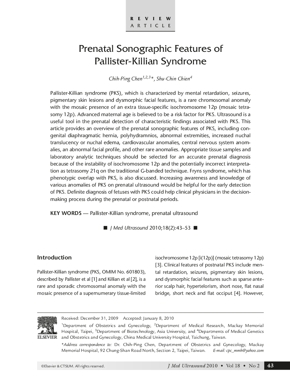 Prenatal Sonographic Features of Pallister-Killian Syndrome