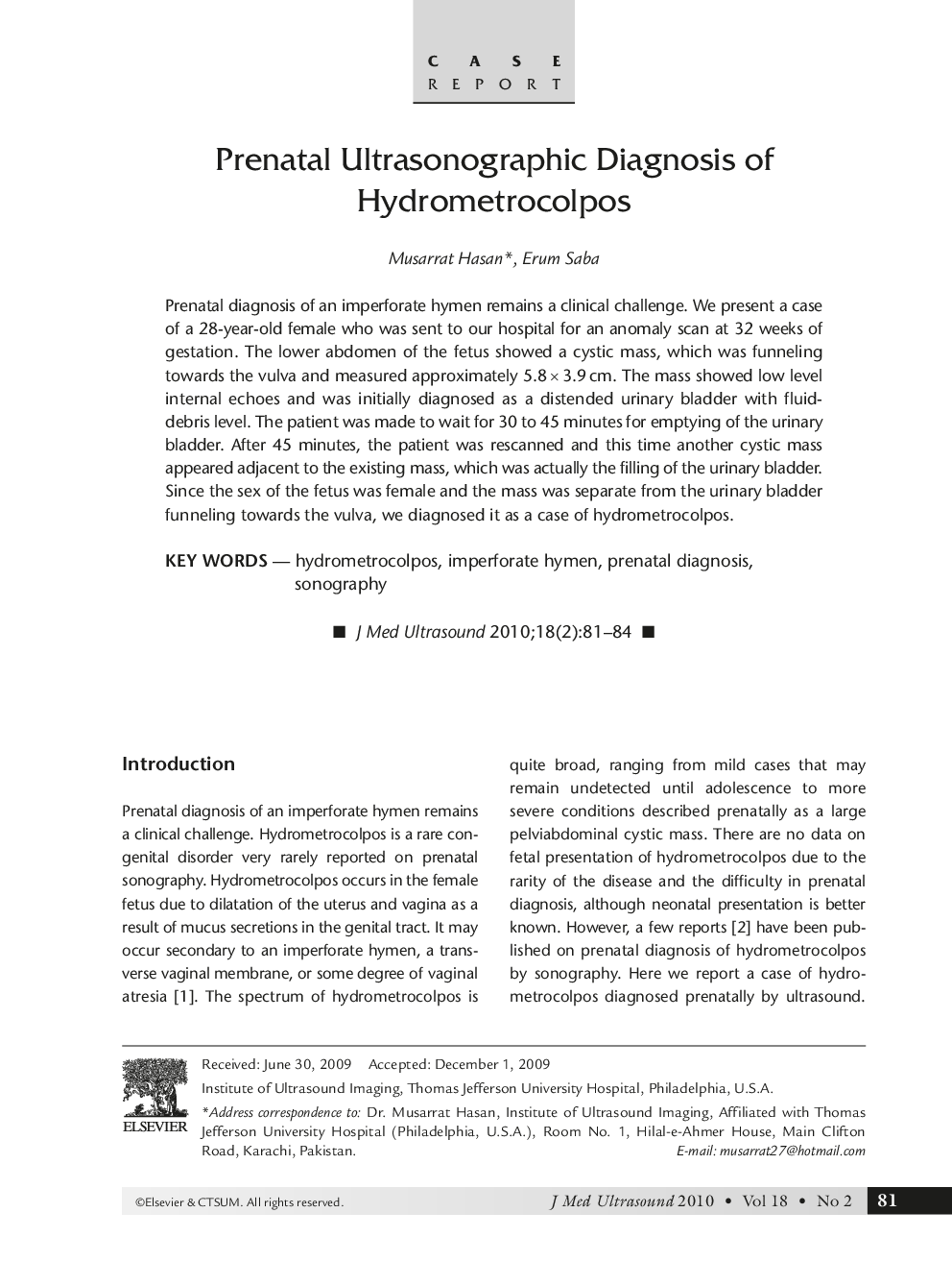 Prenatal Ultrasonographic Diagnosis of Hydrometrocolpos