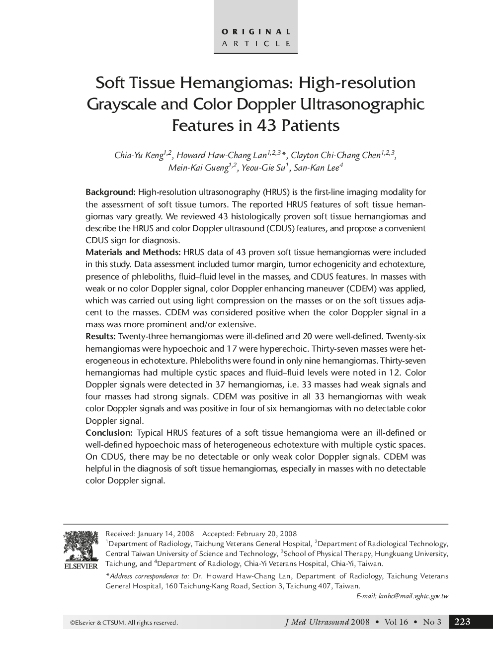 Soft Tissue Hemangiomas: High-resolution Grayscale and Color Doppler Ultrasonographic Features in 43 Patients