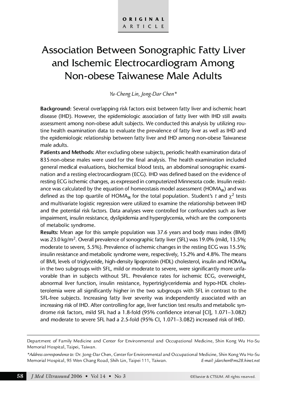 Association Between Sonographic Fatty Liver and Ischemic Electrocardiogram Among Non-obese Taiwanese Male Adults