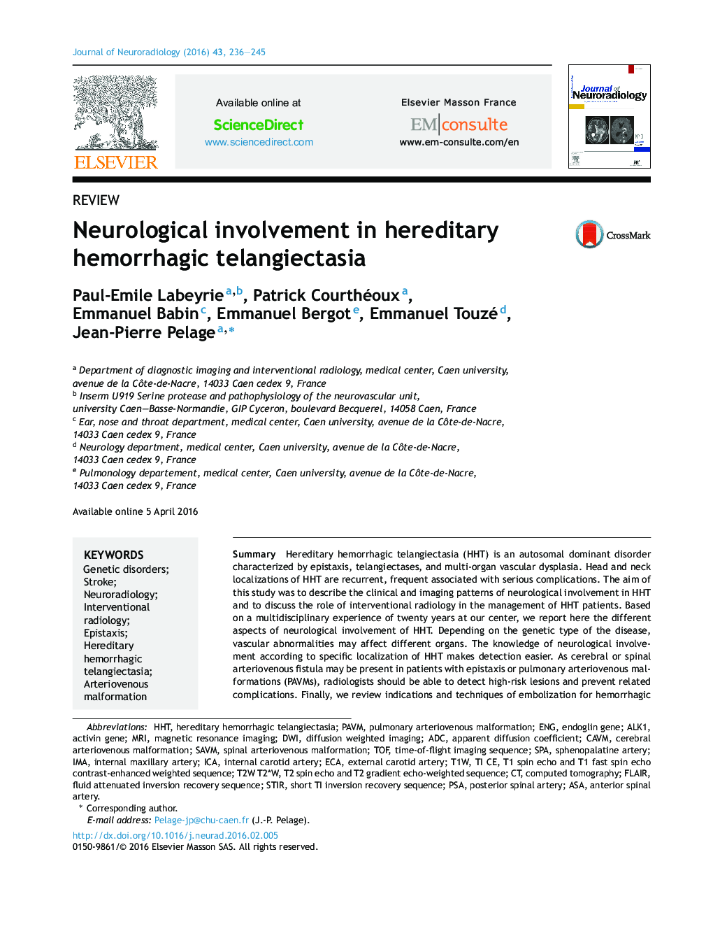 Neurological involvement in hereditary hemorrhagic telangiectasia