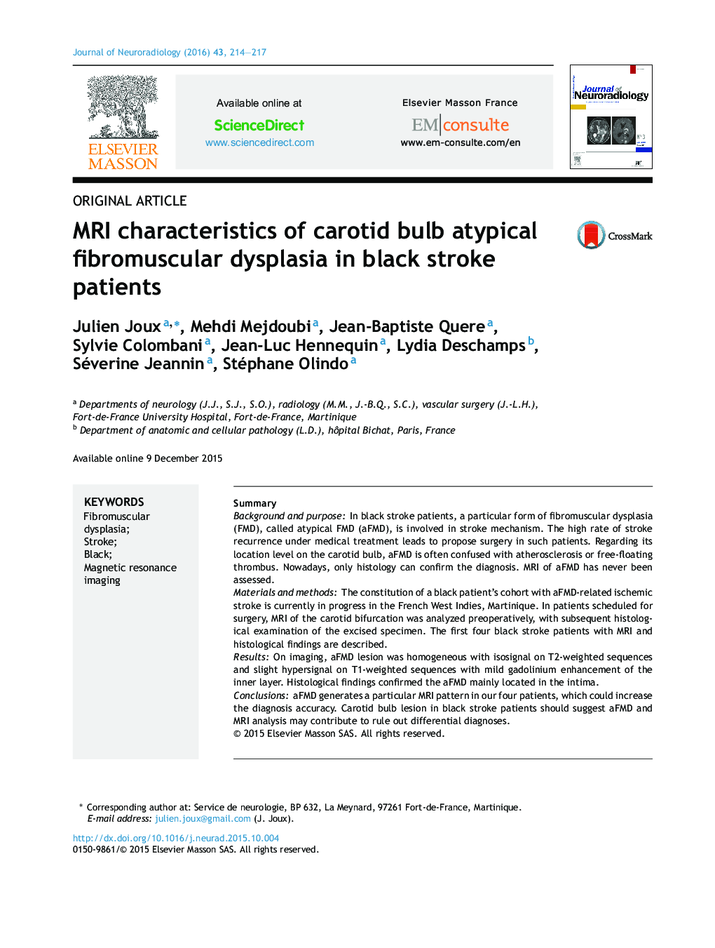 MRI characteristics of carotid bulb atypical fibromuscular dysplasia in black stroke patients