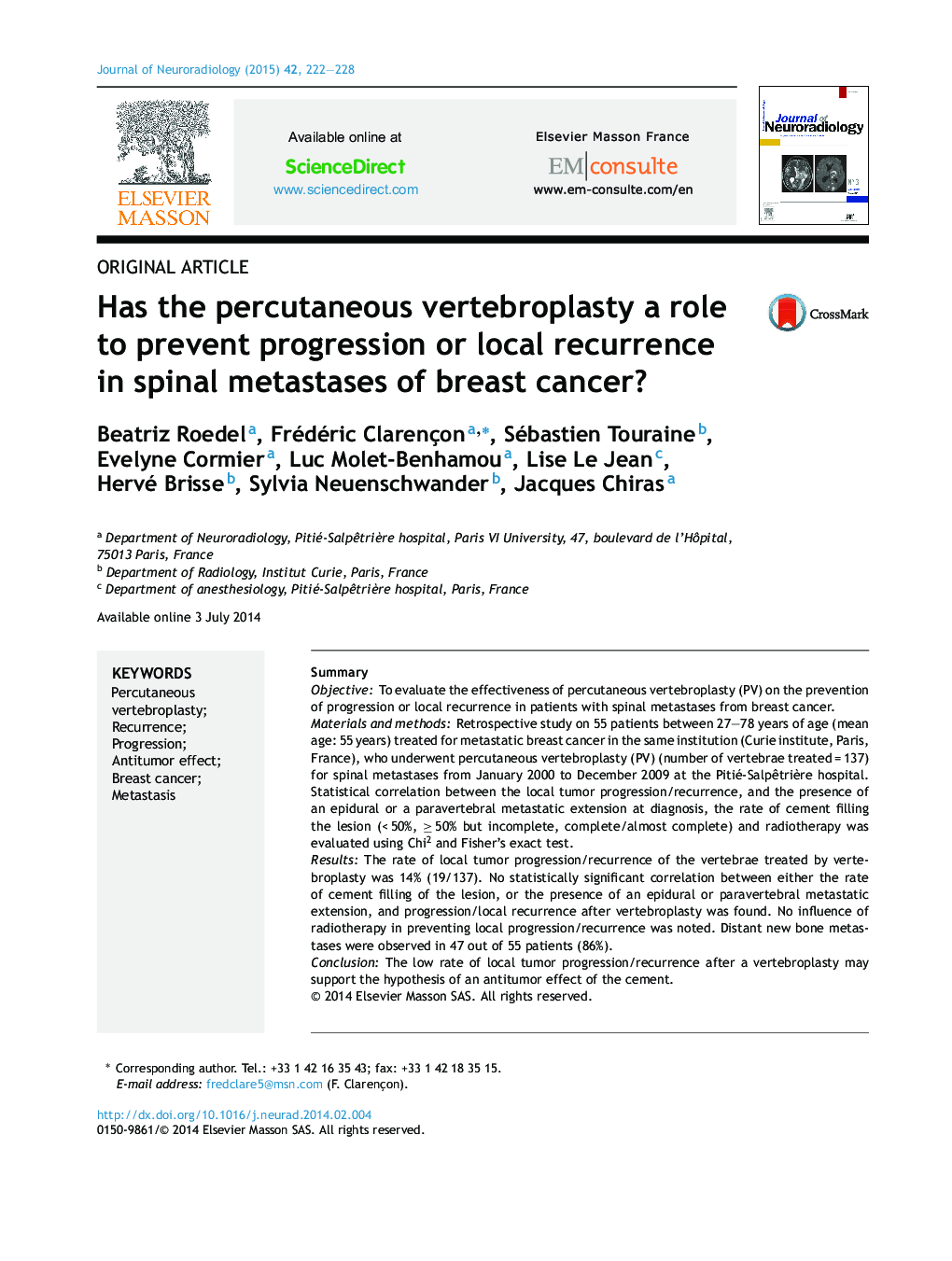 Has the percutaneous vertebroplasty a role to prevent progression or local recurrence in spinal metastases of breast cancer?
