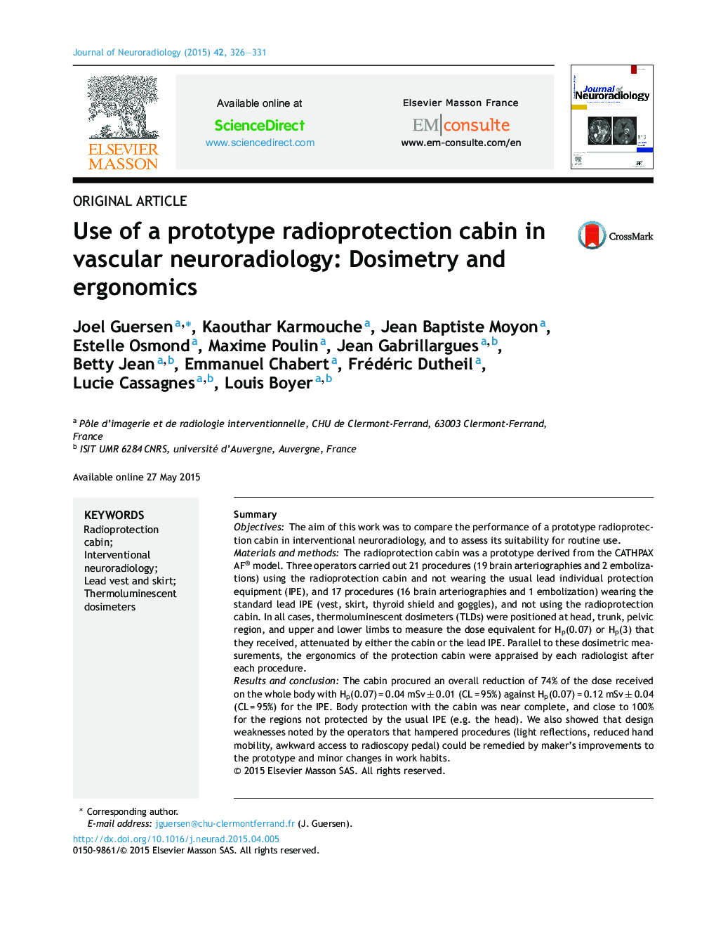 Use of a prototype radioprotection cabin in vascular neuroradiology: Dosimetry and ergonomics