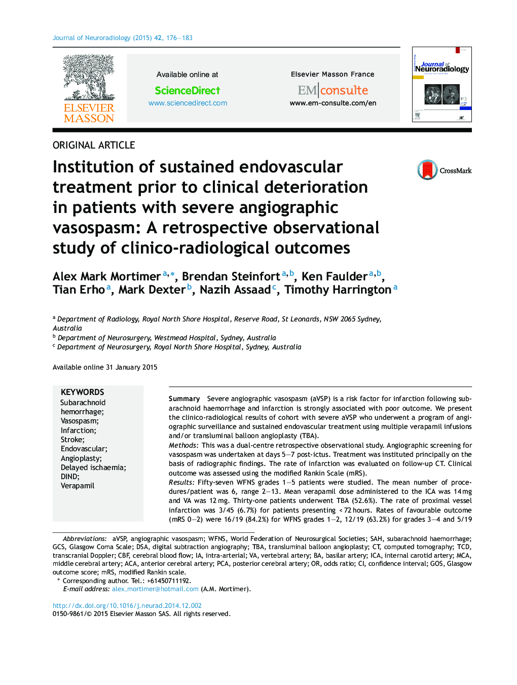 Institution of sustained endovascular treatment prior to clinical deterioration in patients with severe angiographic vasospasm: A retrospective observational study of clinico-radiological outcomes