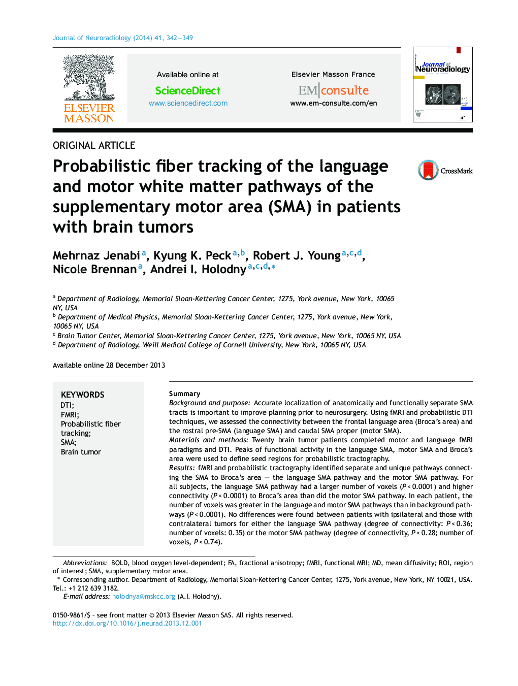 Probabilistic fiber tracking of the language and motor white matter pathways of the supplementary motor area (SMA) in patients with brain tumors