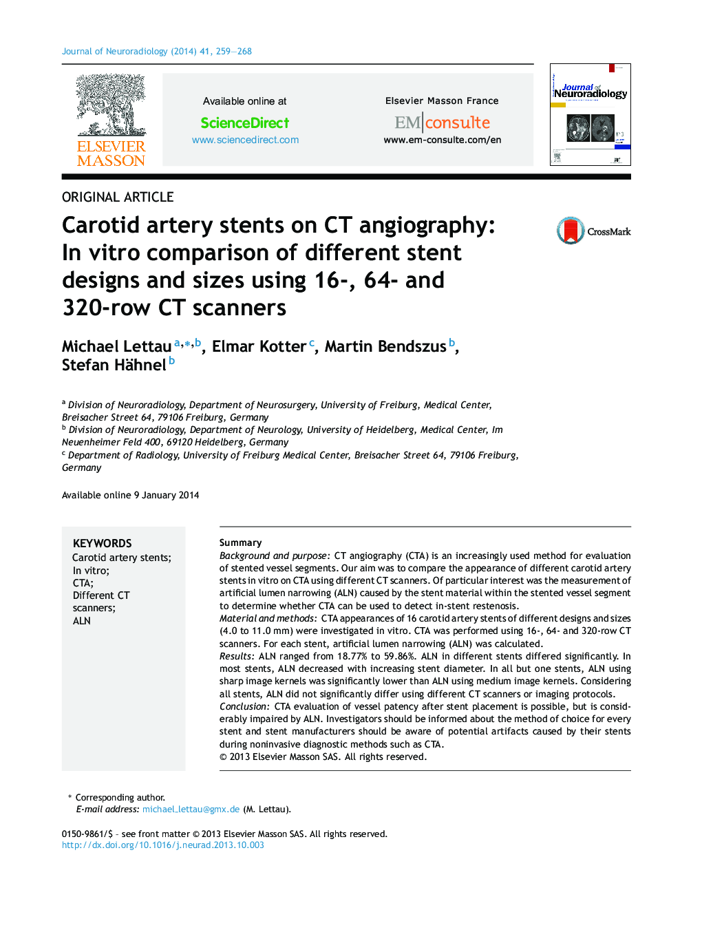 Carotid artery stents on CT angiography: In vitro comparison of different stent designs and sizes using 16-, 64- and 320-row CT scanners