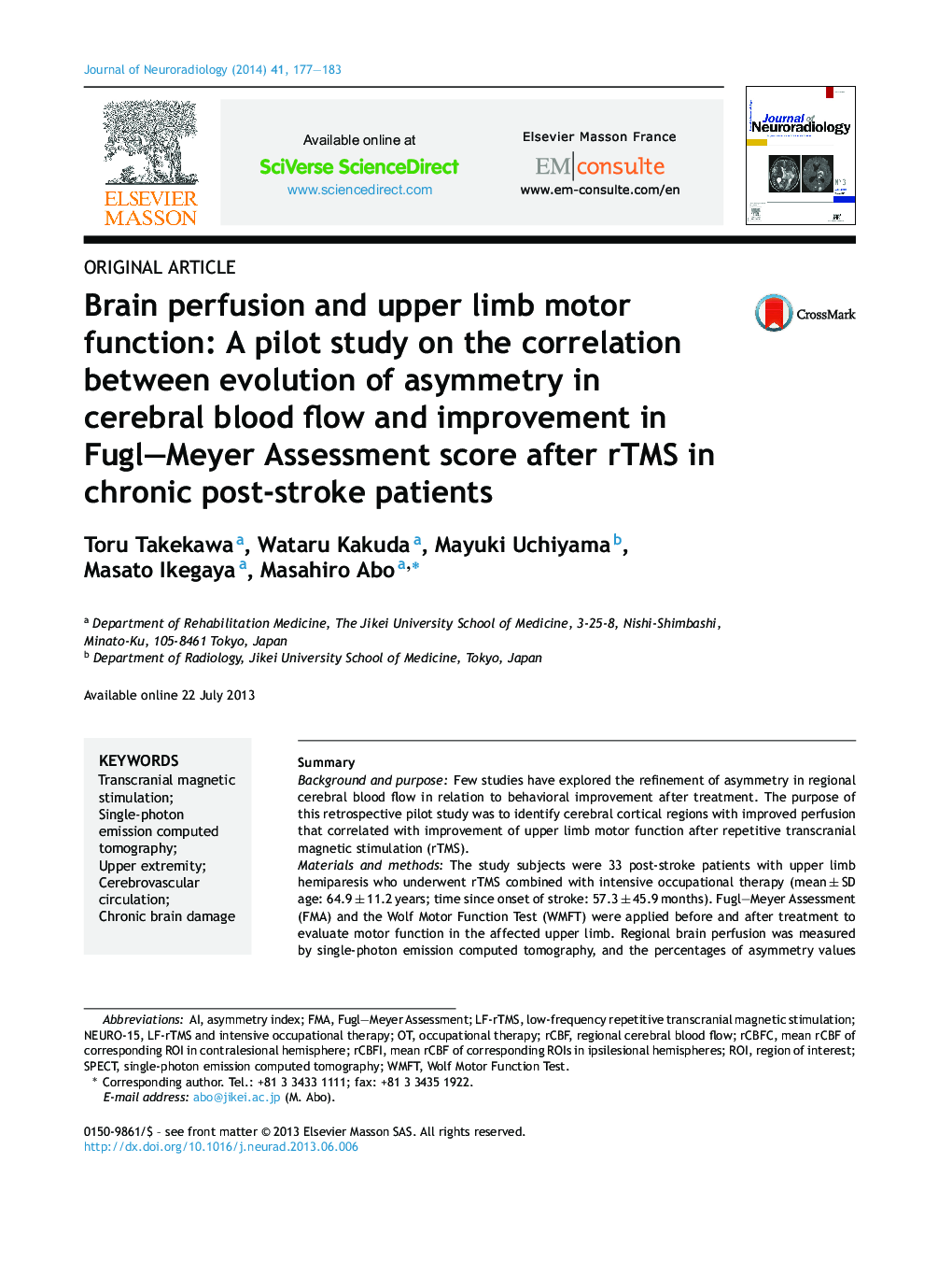 Brain perfusion and upper limb motor function: A pilot study on the correlation between evolution of asymmetry in cerebral blood flow and improvement in Fugl–Meyer Assessment score after rTMS in chronic post-stroke patients