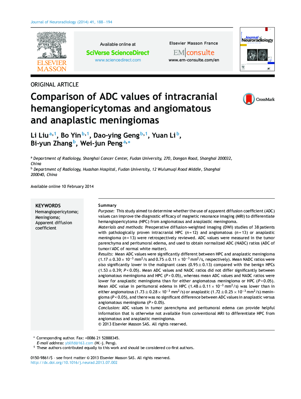 Comparison of ADC values of intracranial hemangiopericytomas and angiomatous and anaplastic meningiomas