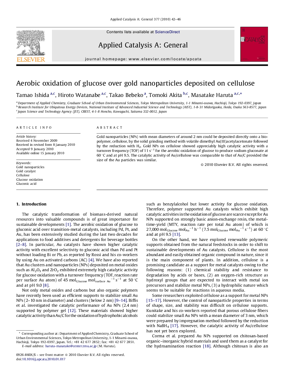 Aerobic oxidation of glucose over gold nanoparticles deposited on cellulose