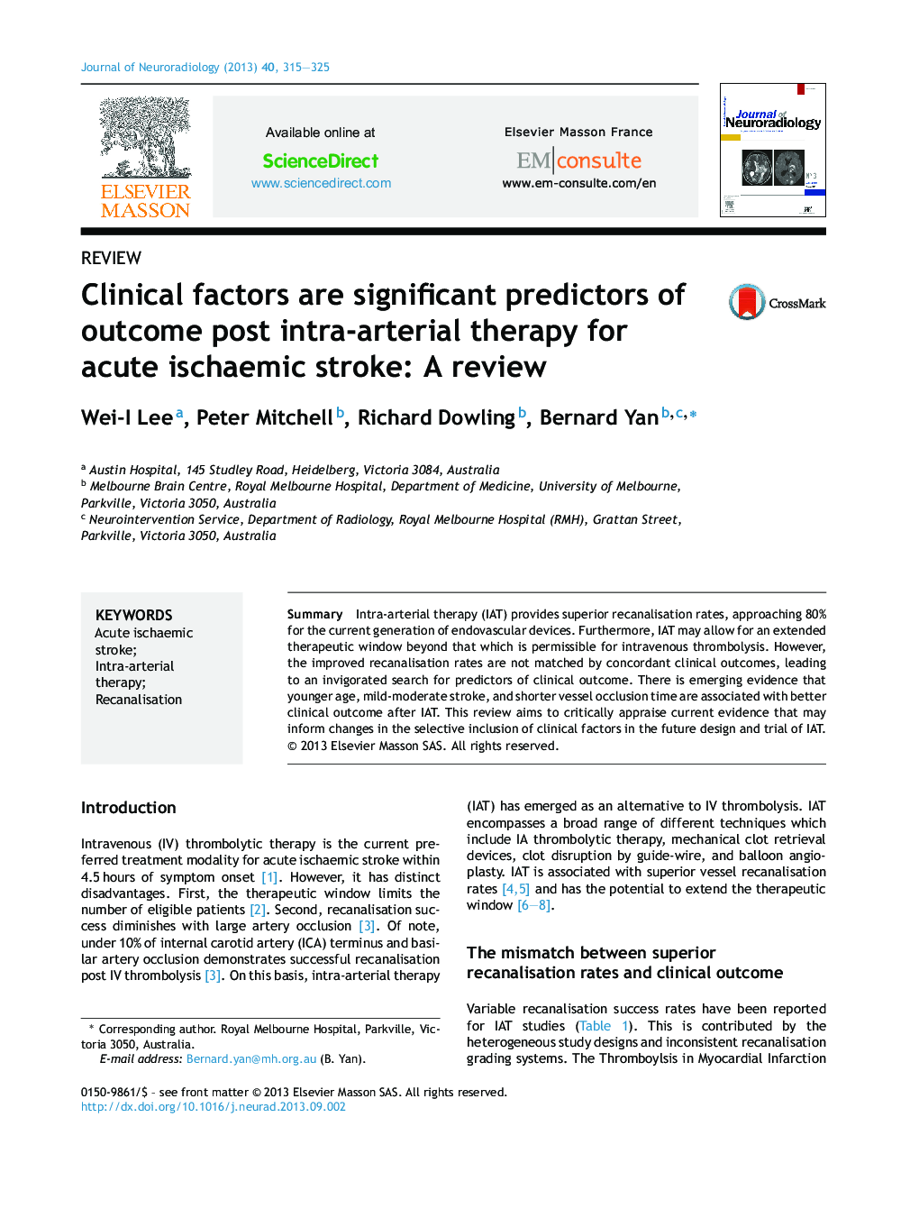 Clinical factors are significant predictors of outcome post intra-arterial therapy for acute ischaemic stroke: A review